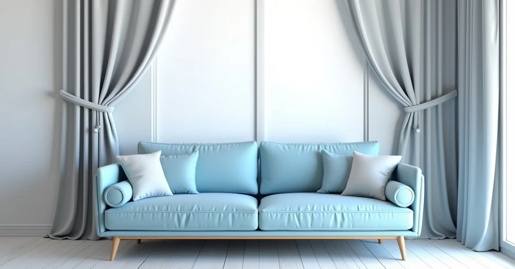 Sofa Biru Muda dengan Langsir Kelabu Terang Sofa Biru Muda dengan Langsir Kelabu Terang