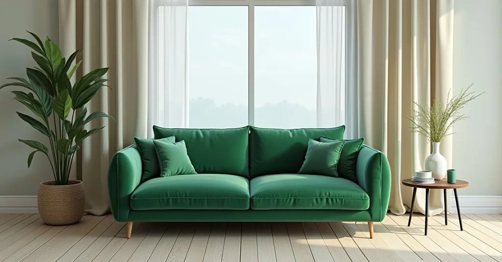 Sofa Hijau Zamrud dengan Langsir Krim Sofa Hijau Zamrud dengan Langsir Krim