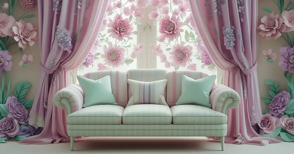 Sofa Pastel dengan Langsir Corak Bunga Sofa Pastel dengan Langsir Corak Bunga