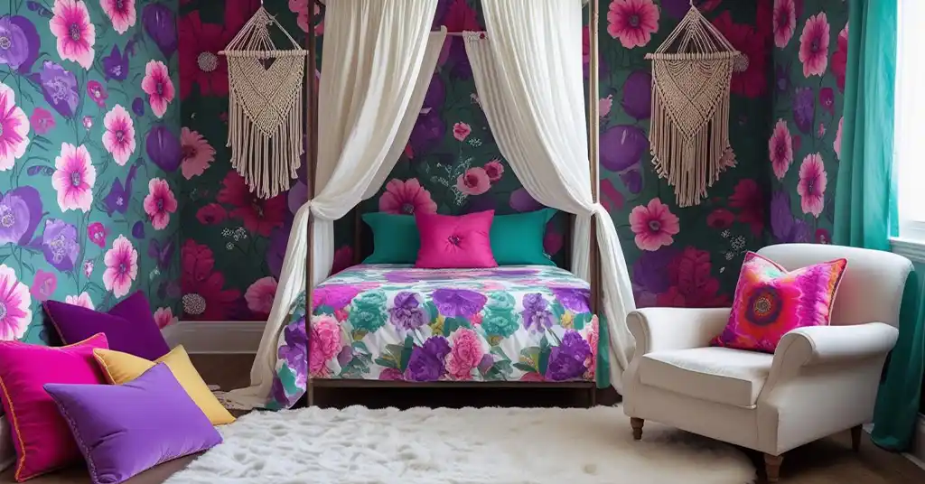 Bilik Tidur Bohemian dengan Wallpaper Floral Bilik Tidur Bohemian dengan Wallpaper Floral
