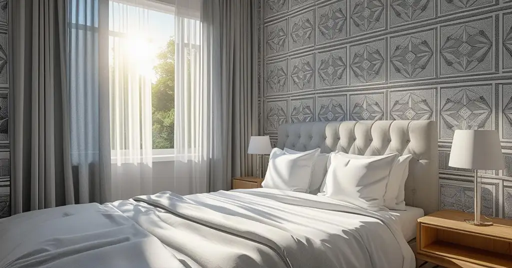 Bilik Tidur Dengan Wallpaper Corak Monochrome Bilik Tidur Dengan Wallpaper Corak Monochrome
