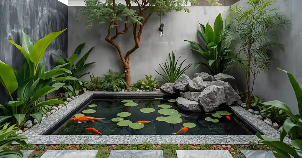 Taman mini dengan kolam ikan kecil Taman mini dengan kolam ikan kecil