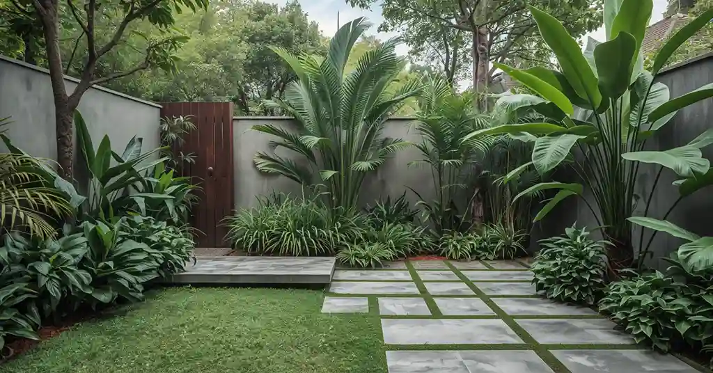 Taman tropika moden dengan pokok hijau Taman tropika moden dengan pokok hijau